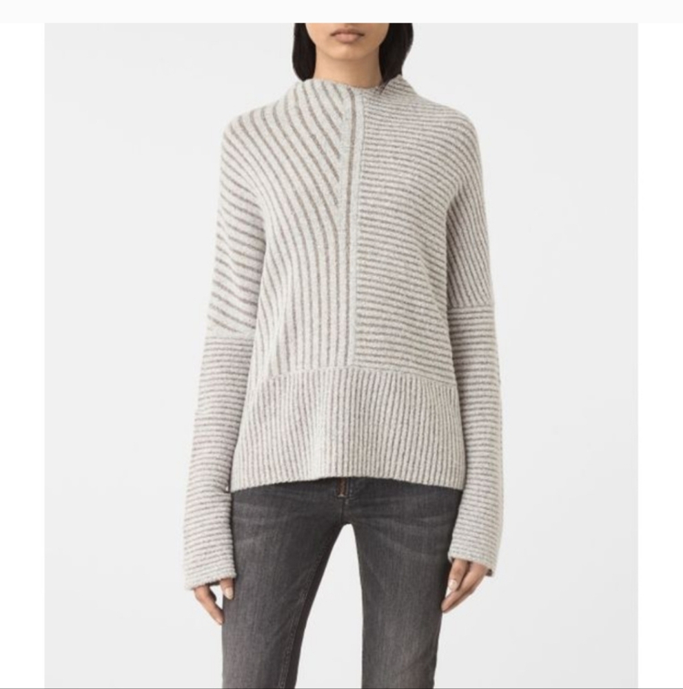 All Saints Terra Wool Sweater Gray Elbow Accent, Size M